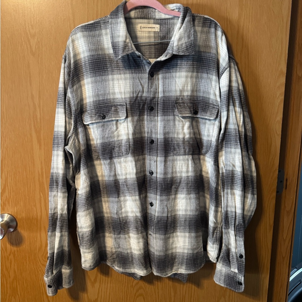 Lucky Brand black grey and white flannel button up shirt